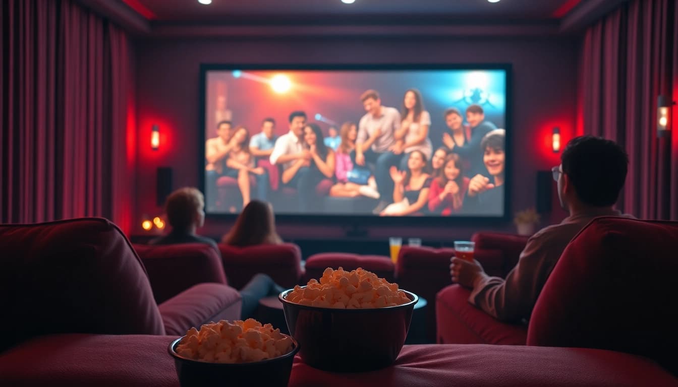 Enjoy ดูหนังออนไลน์ in a cozy home theater with popcorn and family.