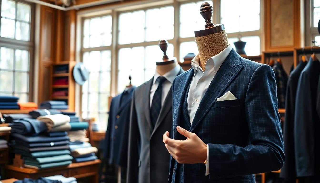 Crafting tailor made bespoke suits with intricate details and luxurious fabrics in an elegant workshop.