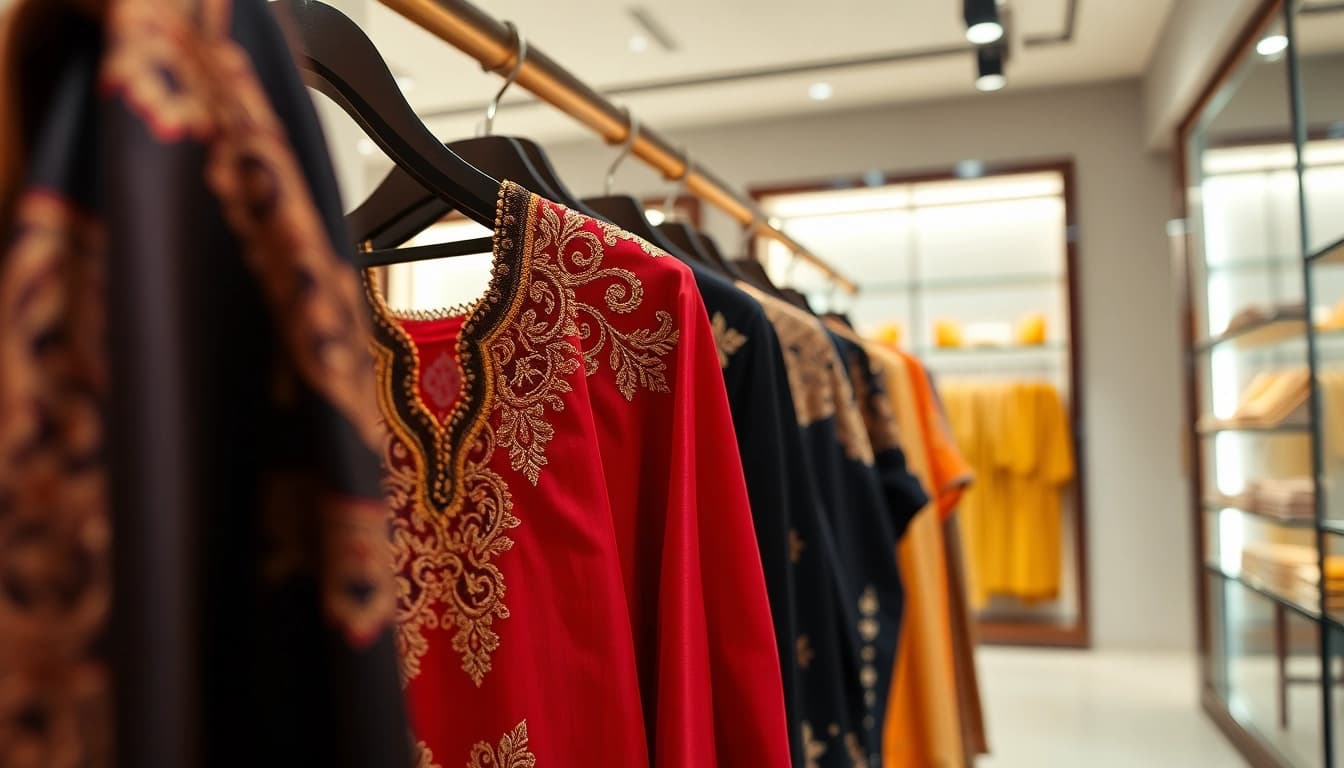Discover exquisite designer thobes featuring intricate embroidery and luxurious fabrics in this boutique setting.