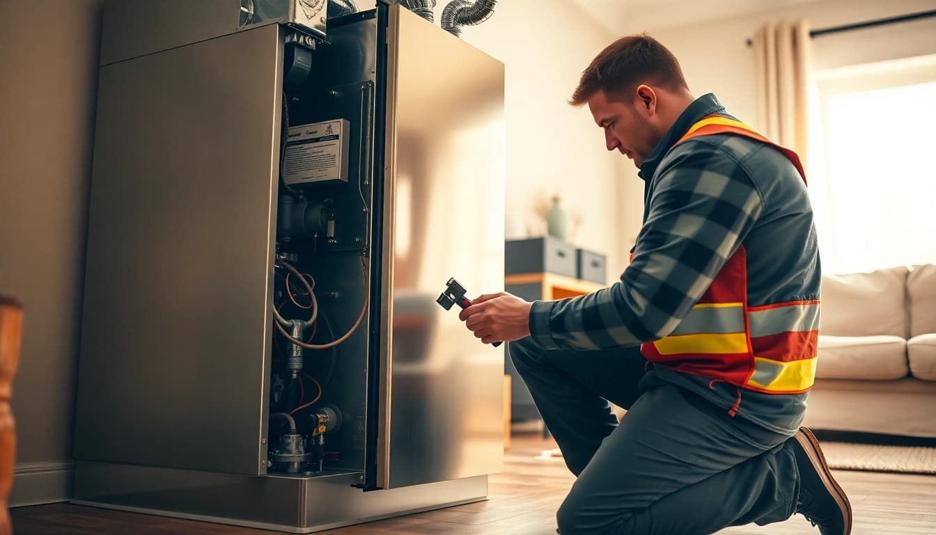 Expert technician handling gas furnace repair lewisboro in a cozy residential setting.