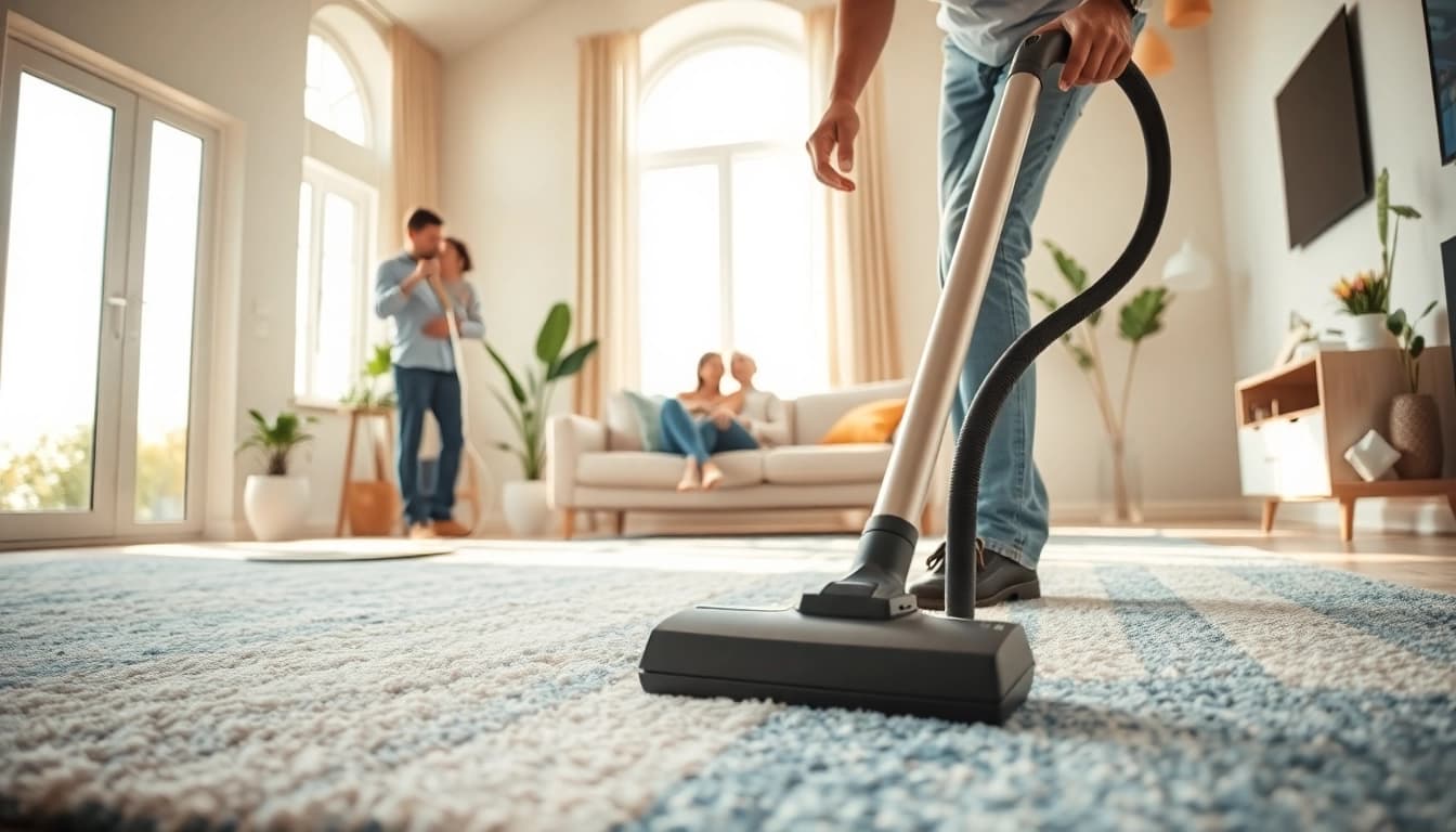 Efficient carpet cleaning near me with a technician vacuuming a bright living room rug.