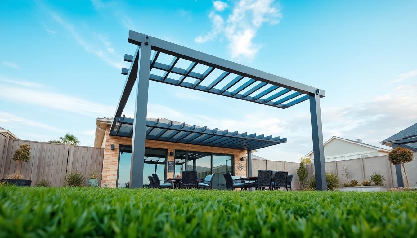 Relaxing view of a modern steel pergola in a contemporary backyard space.