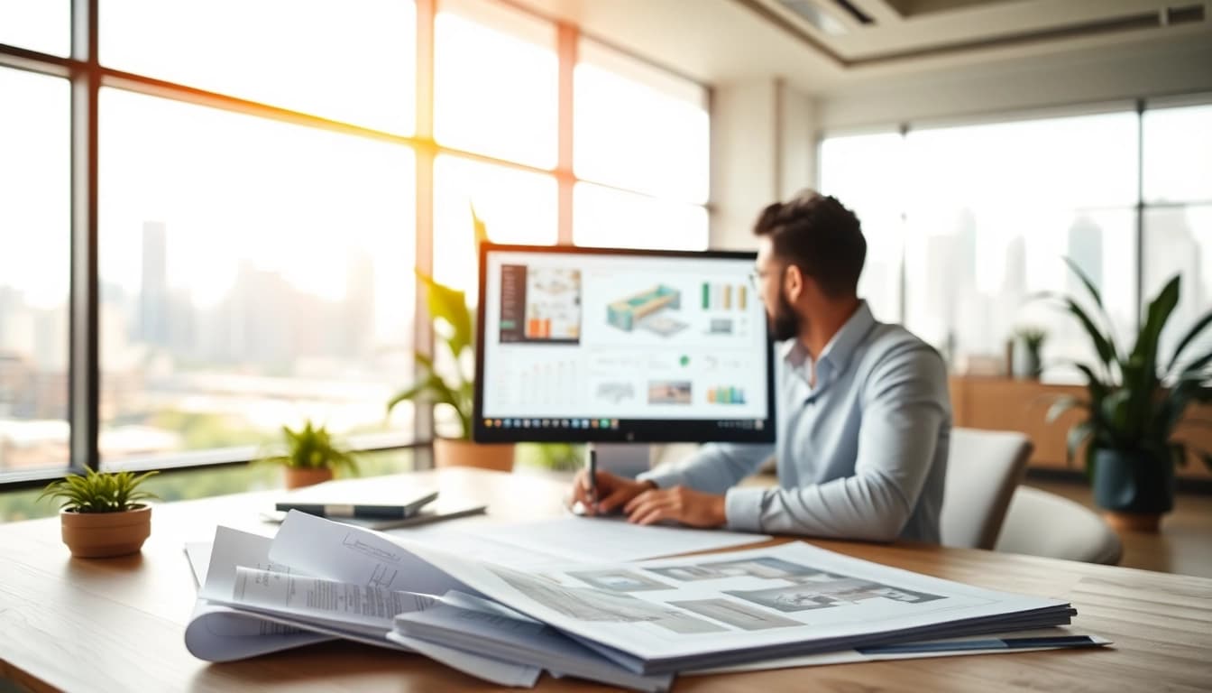 Architekt wnętrz online pracujący nad nowoczesnym projektem w biurze.