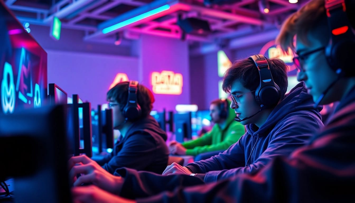 Exciting moment in daman games with players focused on screens in a vibrant gaming setup.