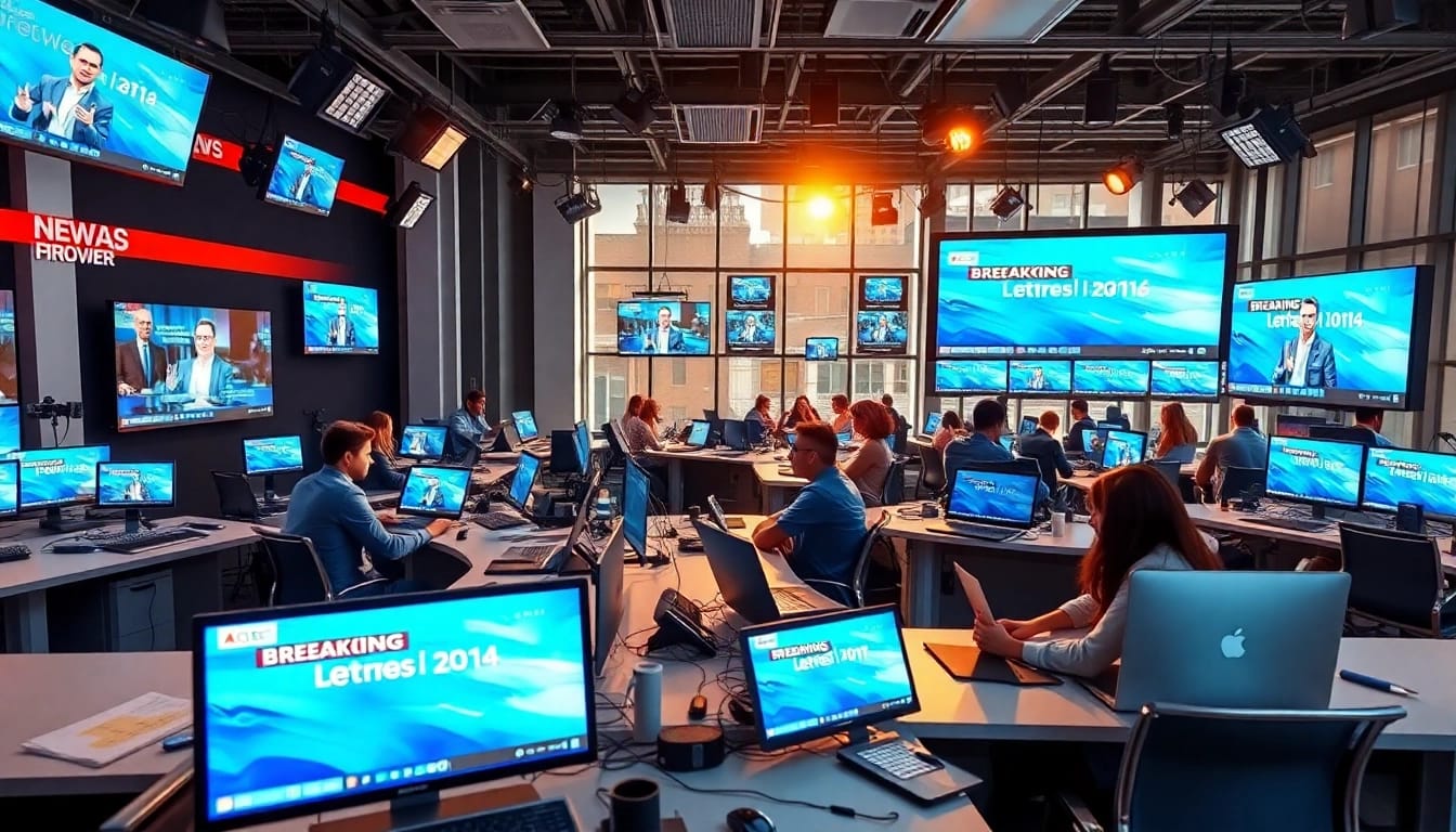 Journalists actively reporting breaking news in a vibrant newsroom environment.