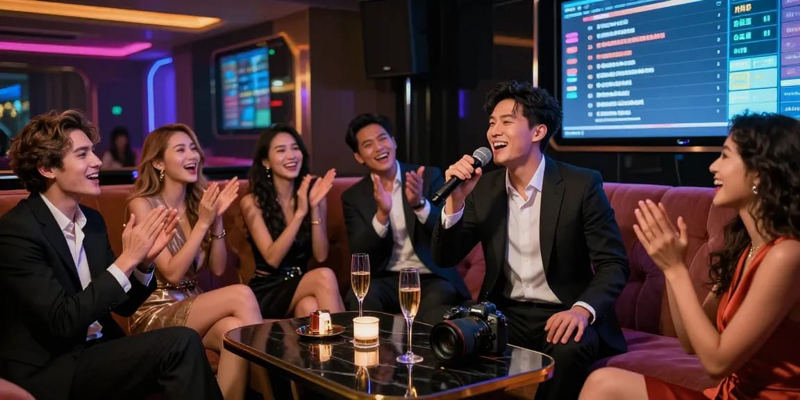강남쩜오에서 즐기는 친구들과의 화려한 노래방 파티 장면입니다.