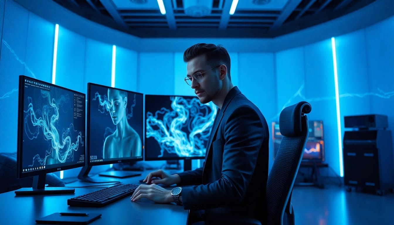 AI NSFW image generation in a modern tech studio with advanced tools and vibrant visuals.