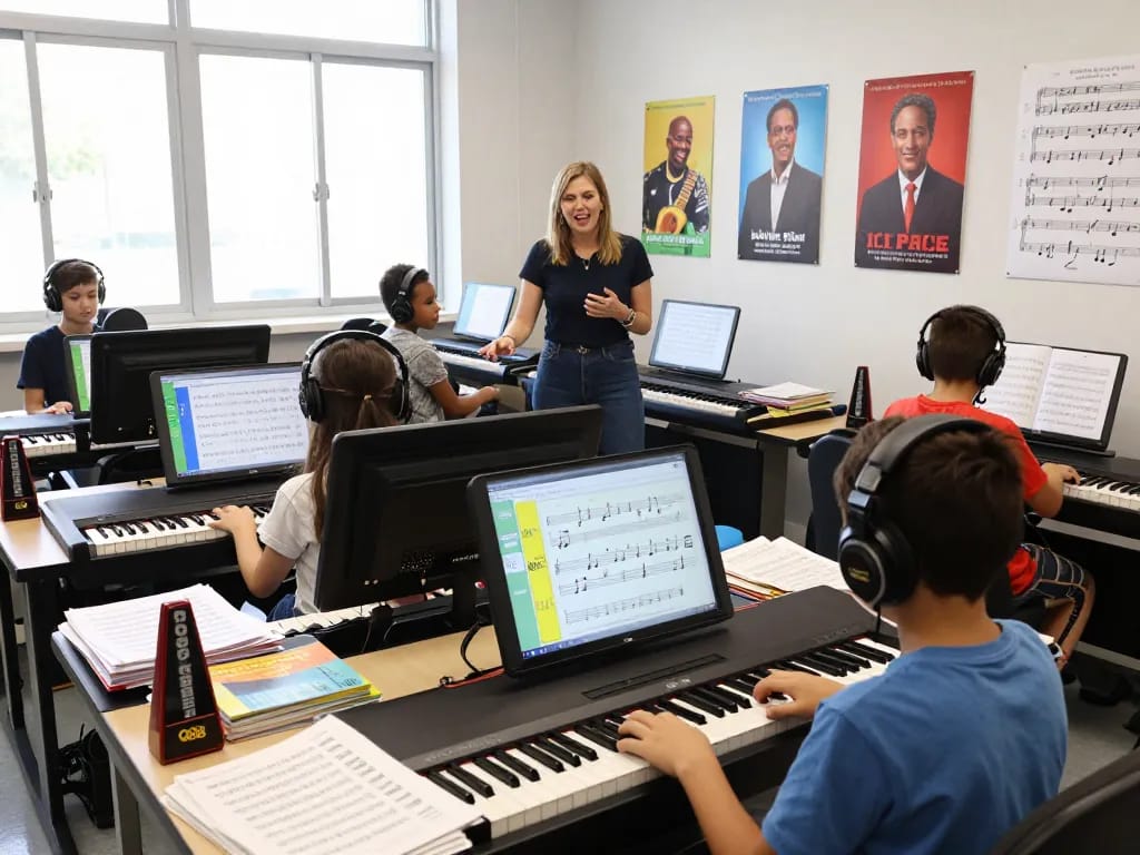 Students learning on GO 88 digital pianos in an inspiring classroom setting.
