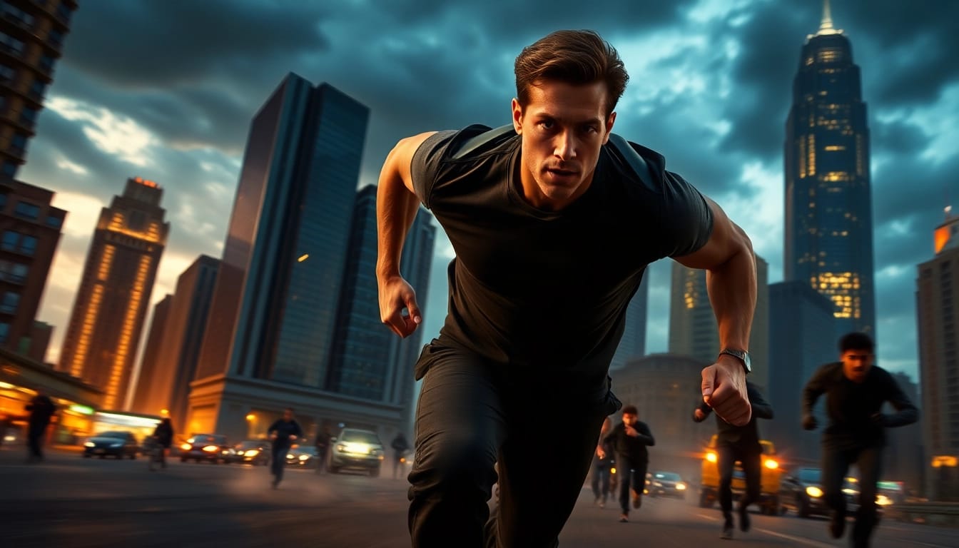 Heroic figure pursuing adversaries in a gripping action thriller setting with urban chaos.