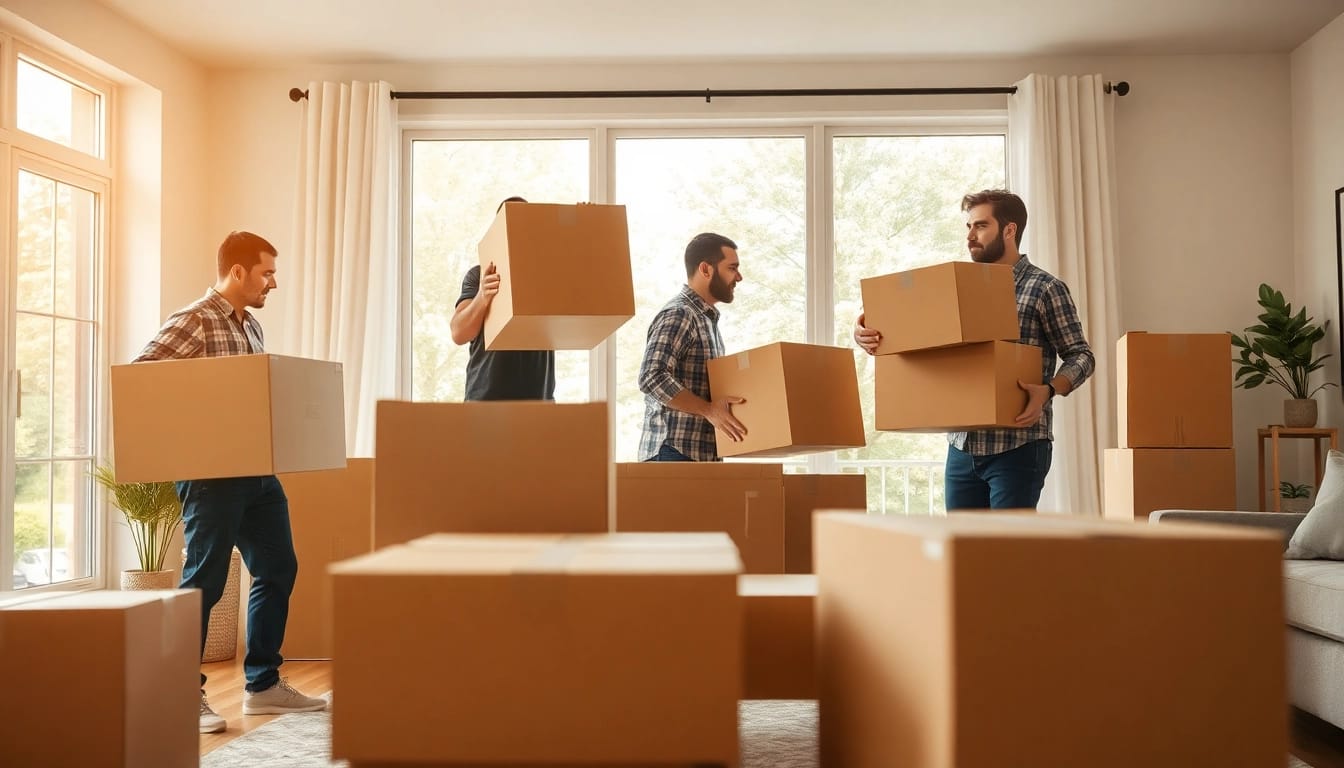 Movers from a boston moving company efficiently moving boxes in a bright living room.