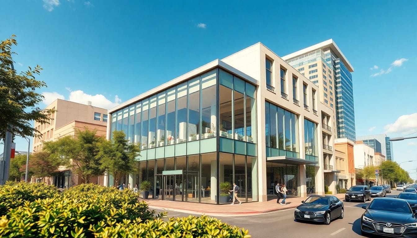 Showcasing a modern real estate office exuding professionalism and opportunity in urban settings.