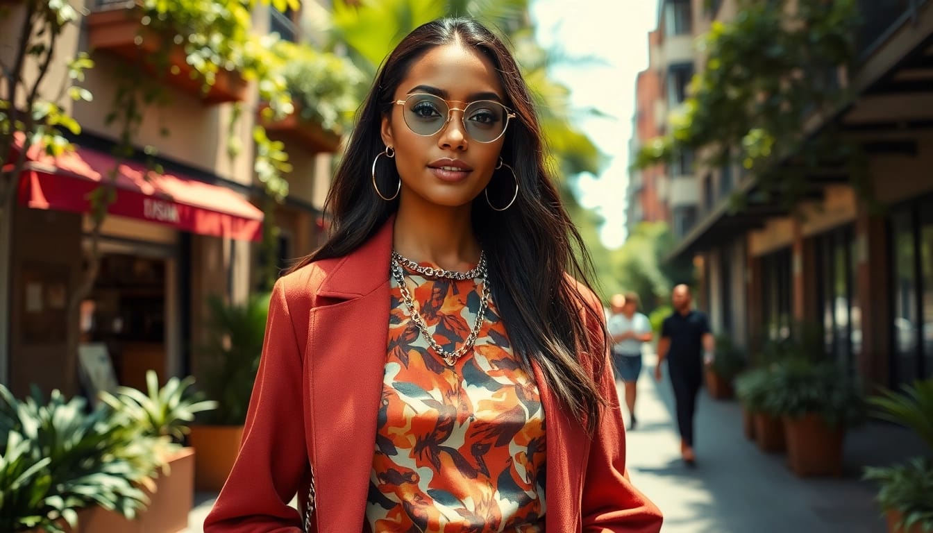 Elevate your Beauty and Style with vibrant fashion showcased by a model in urban scenery.