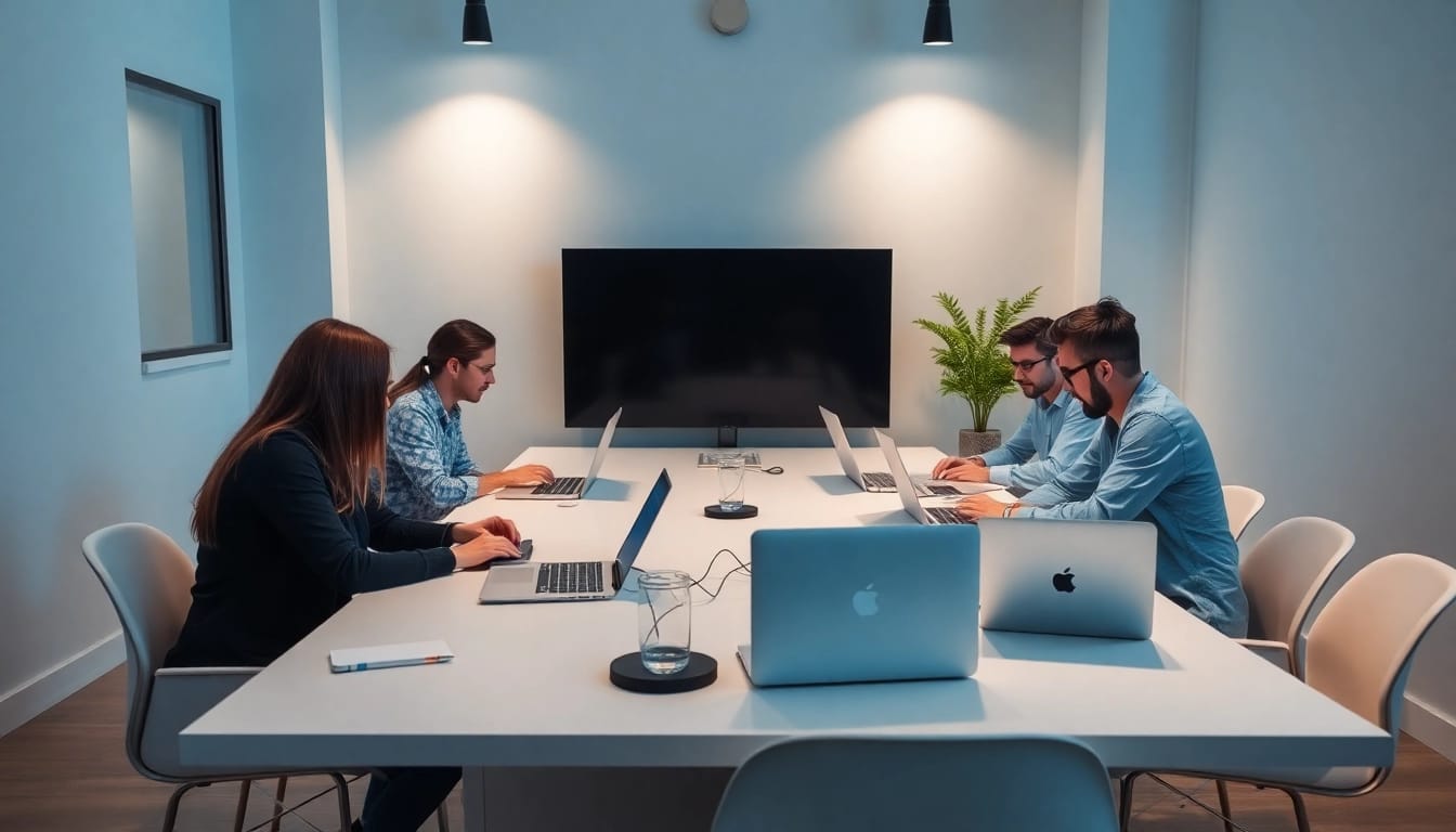 Desenvolvimento de Site com profissionais criando soluções digitais em um ambiente moderno e colaborativo.