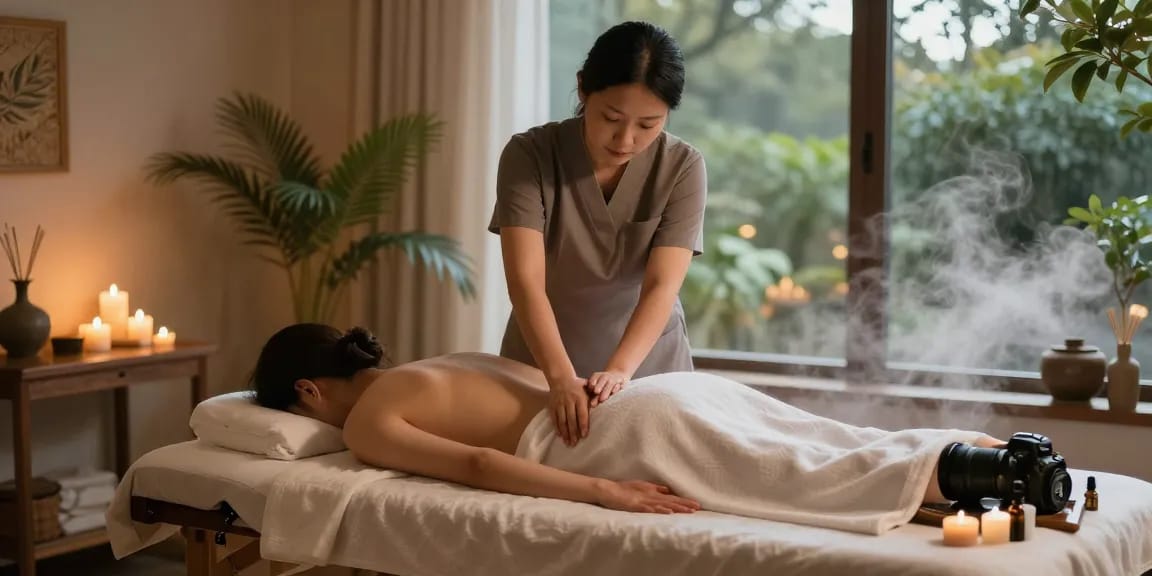 스웨디시 마사지 세션에서 편안한 고객과 함께 치료사가 치료하는 모습