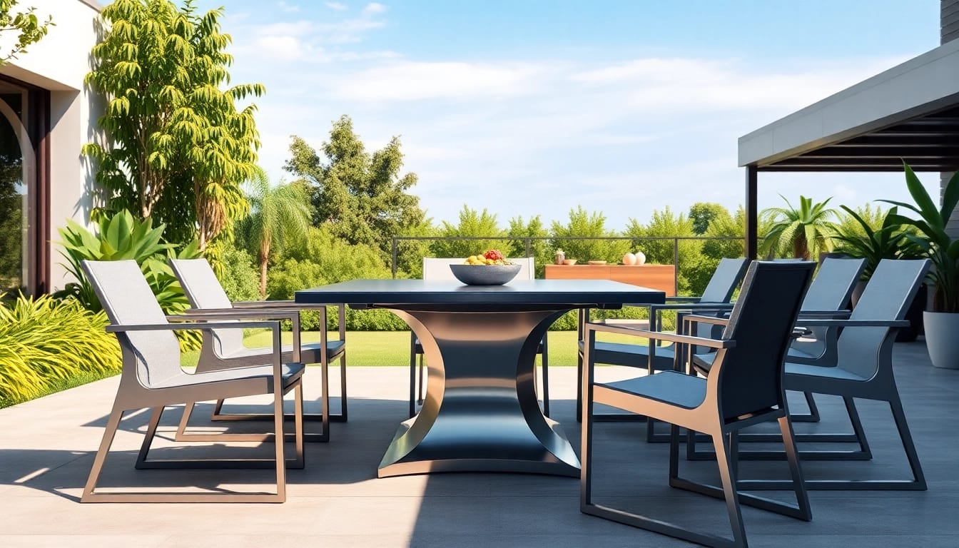 Stylish stainless steel furniture set in a modern outdoor ambiance, blending elegance with nature.