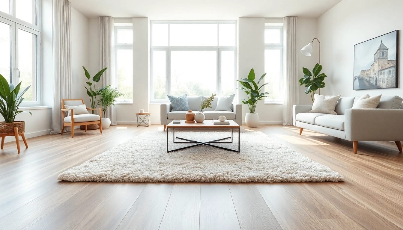 Beautiful modern living room emphasizing vinyl flooring with bright natural light and inviting decor.