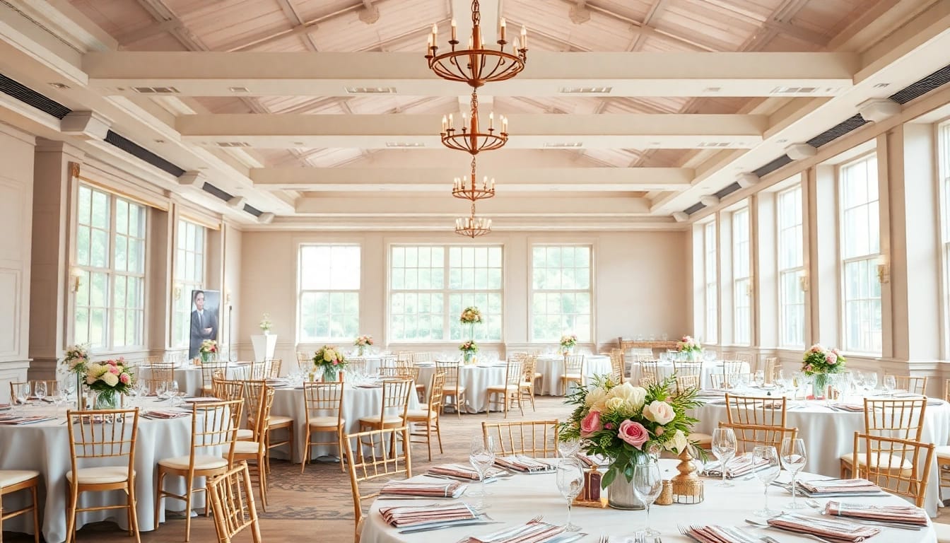 Stowe Venue Hire showcases a beautifully decorated interior setting for events.