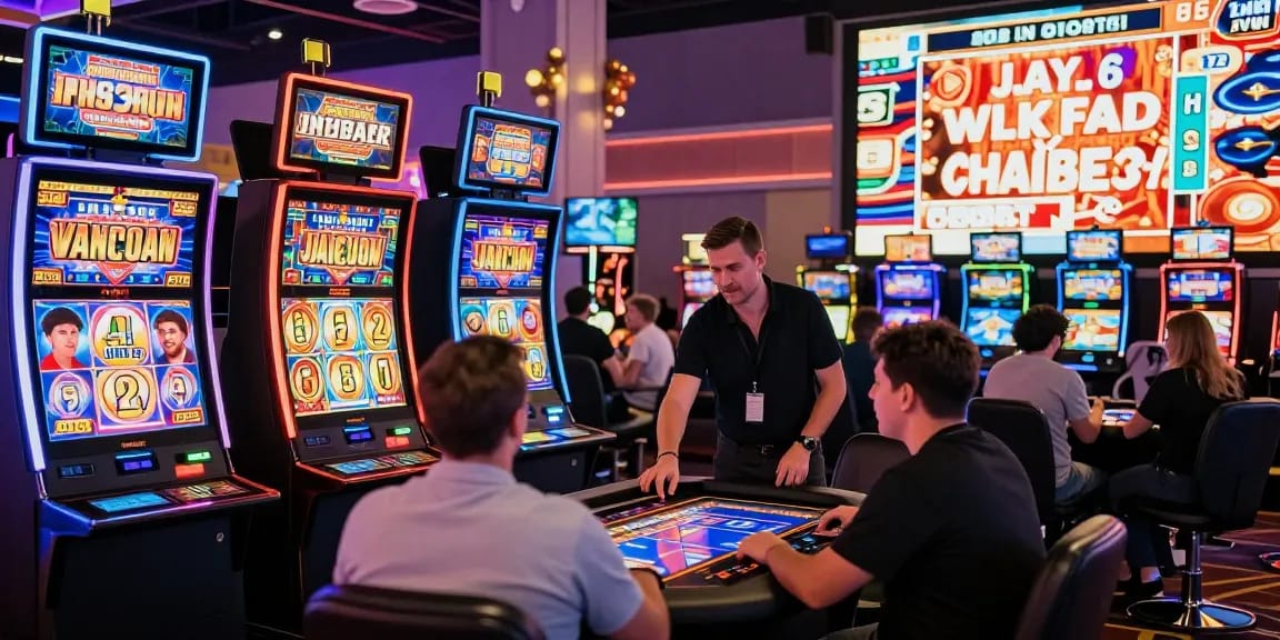 Players enjoying slot machines at a lively casino, showcasing excitement and energy.