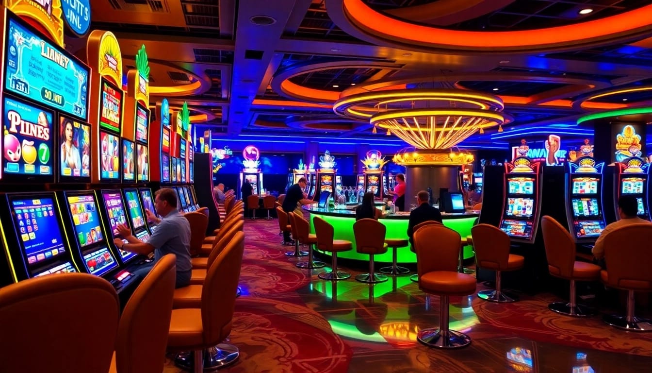Excited players spinning slot machines in a vibrant casino atmosphere.