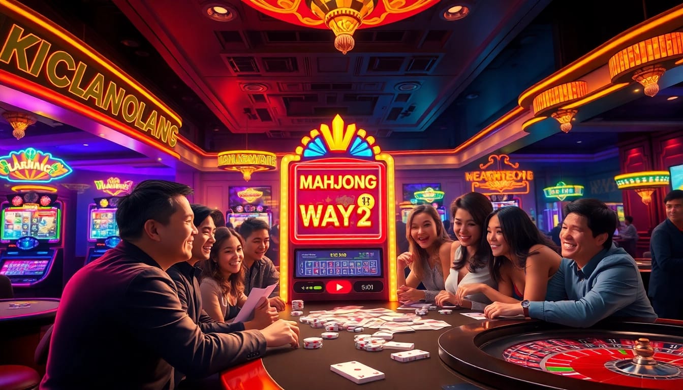 Players celebrating as they hit a jackpot on Mahjong Ways 2 slot in a dazzling casino atmosphere.