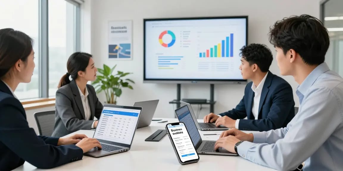 Discussing cheap business mobile deals in a modern office setting.