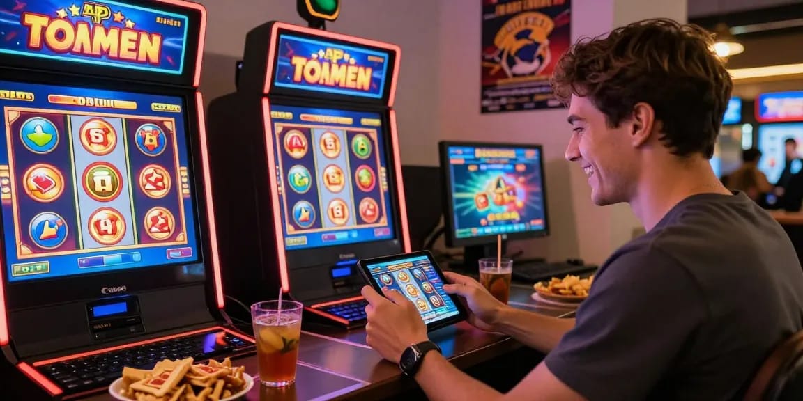 Engaged player enjoying apk slot games on mobile device amid vibrant casino graphics.