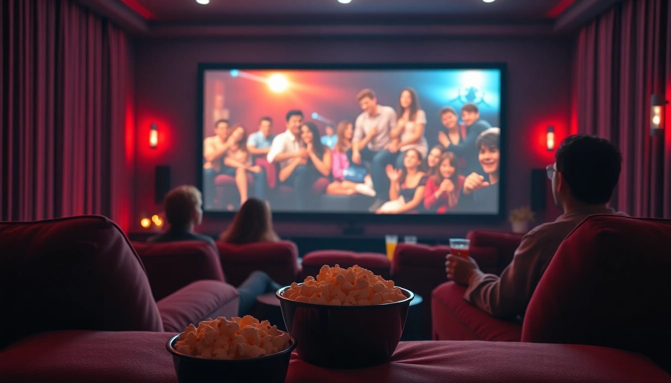 Enjoy ดูหนังออนไลน์ in a cozy home theater with popcorn and family.