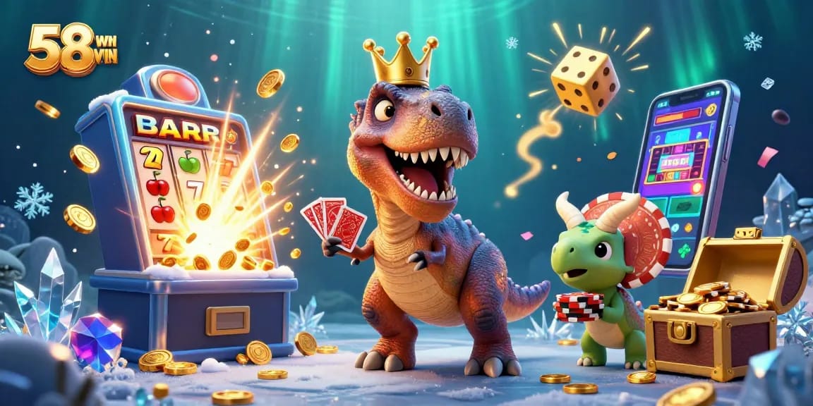Experience thrilling gambling action with 58WIN in a vibrant and engaging casino-themed illustration.