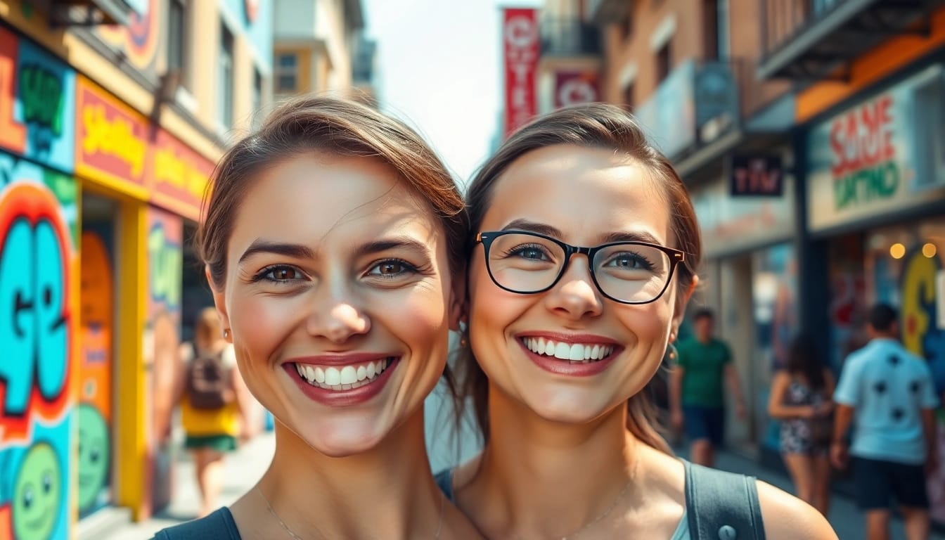 Two people engaged in a fun face swap, showcasing vibrant urban energy.