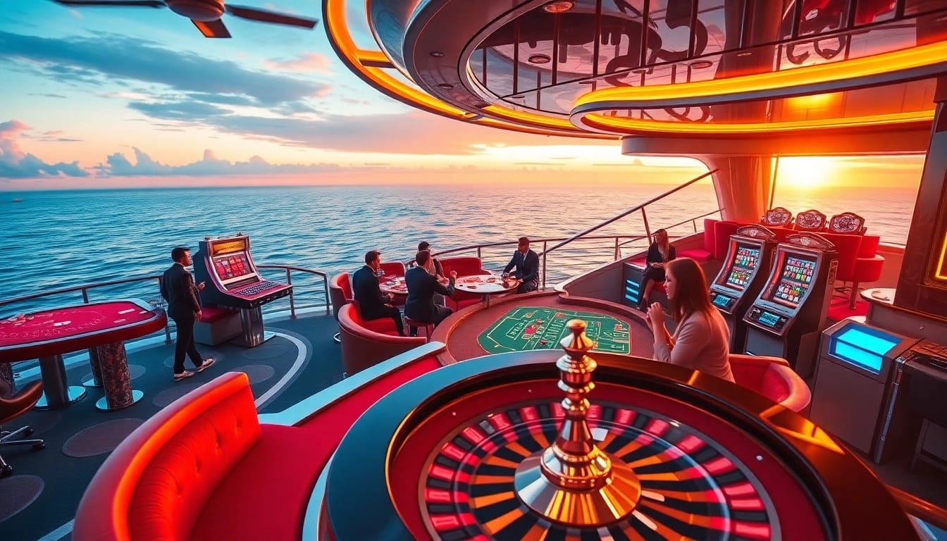 Experience the thrill at XX88 Boats with vibrant casino games and glamorous players enjoying their bets.