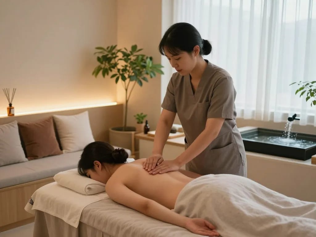 편안한 웰니스 스튜디오에서 편안한 논현동마사지 받는 고객.