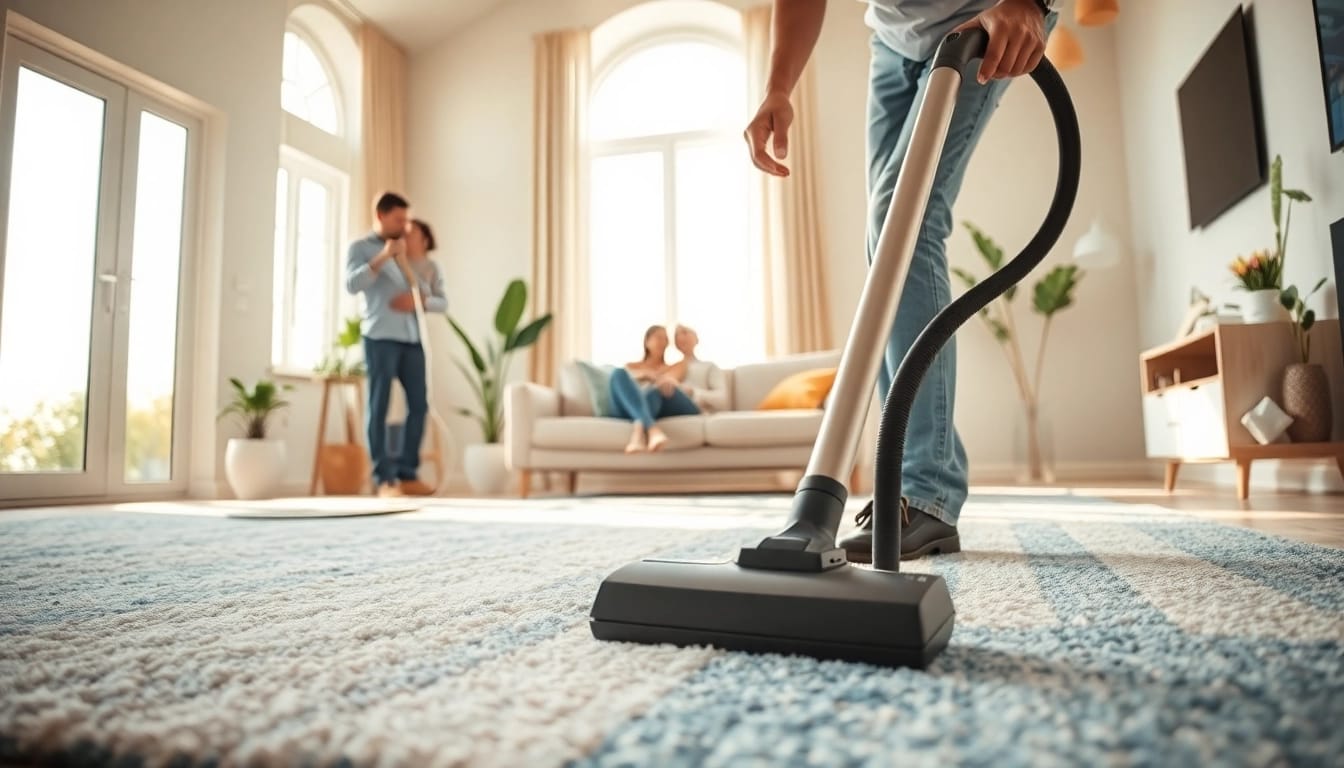 Efficient carpet cleaning near me with a technician vacuuming a bright living room rug.