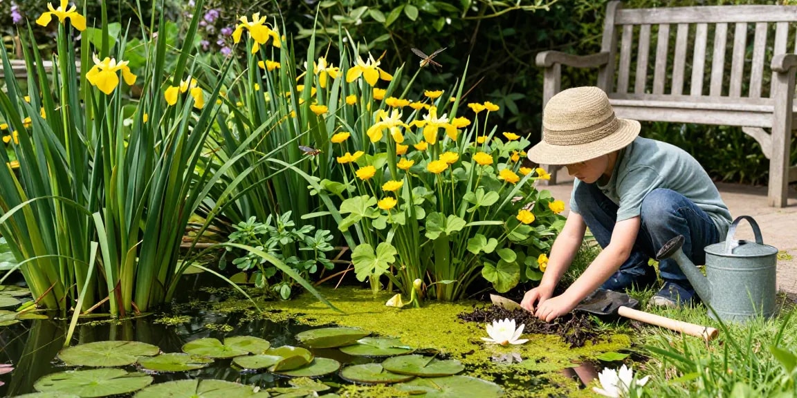 Young gardener planting British pond plants in a tranquil garden pond.