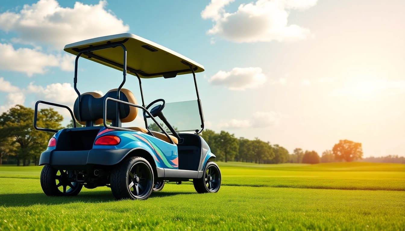 Golf cart customization showcasing a uniquely designed cart on a scenic golf course.