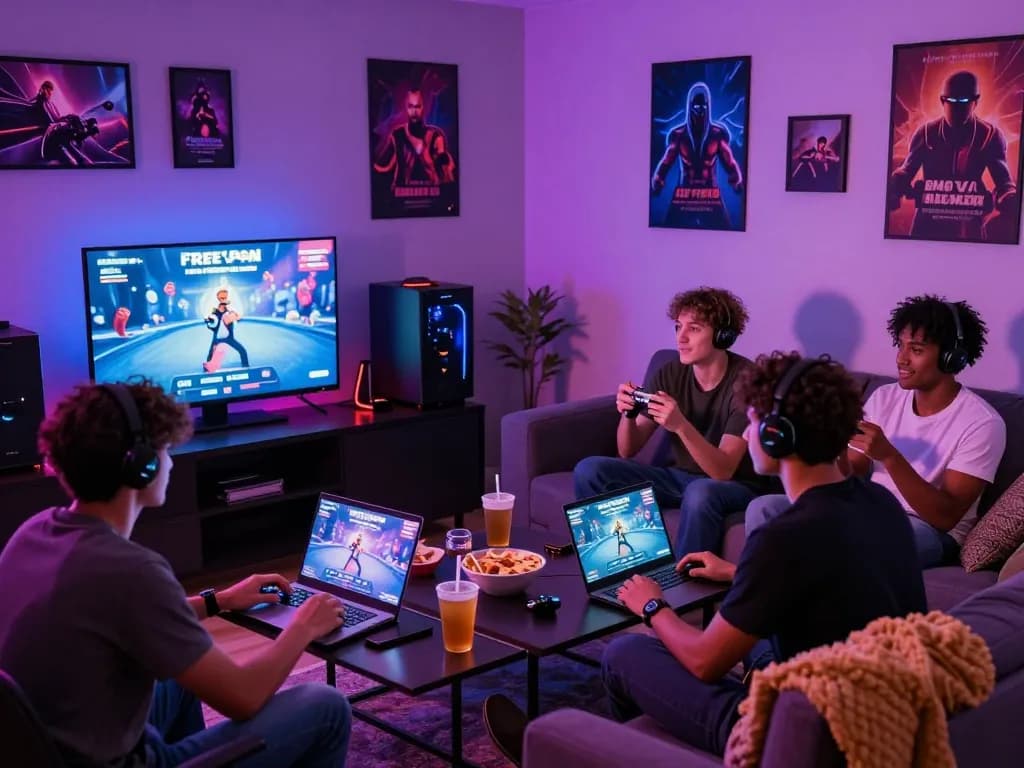 Friends enjoying a multiplayer porn game online in a vibrant gaming room.