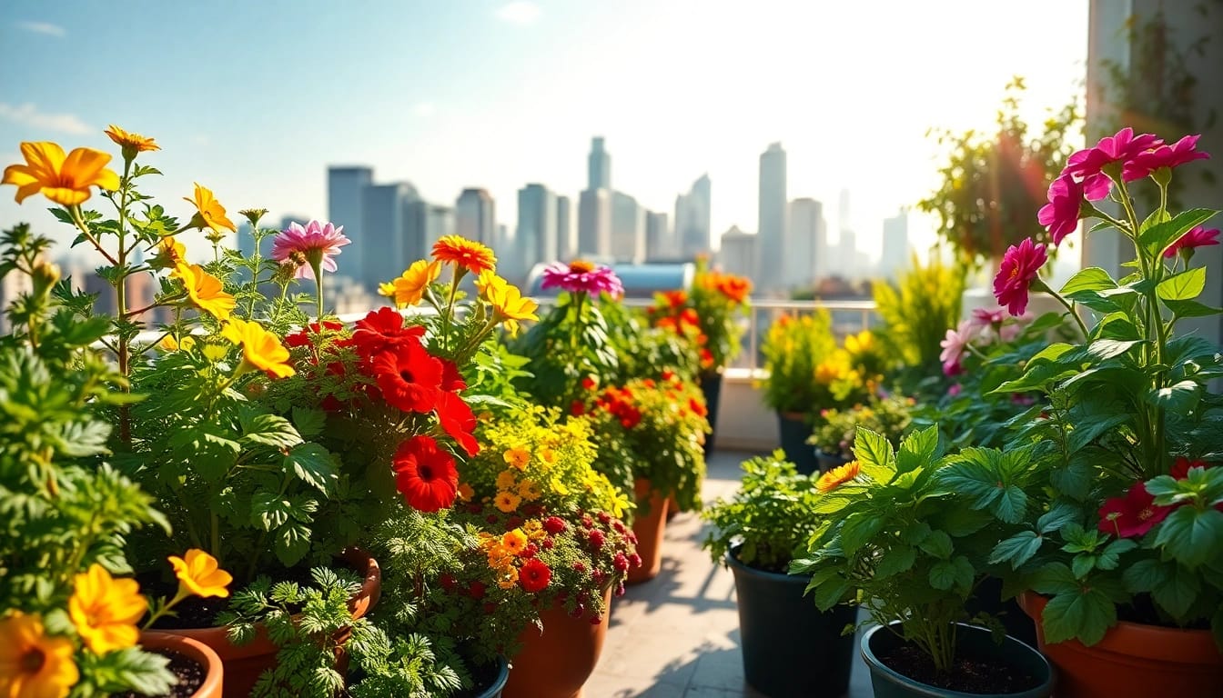 Gardening lush plants and colorful flowers in a vibrant urban balcony setting.