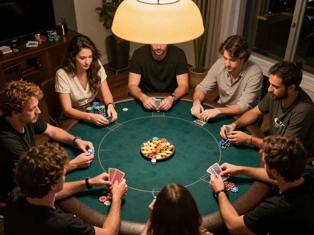 Luck8 players strategizing during an engaging home poker game with cards and chips