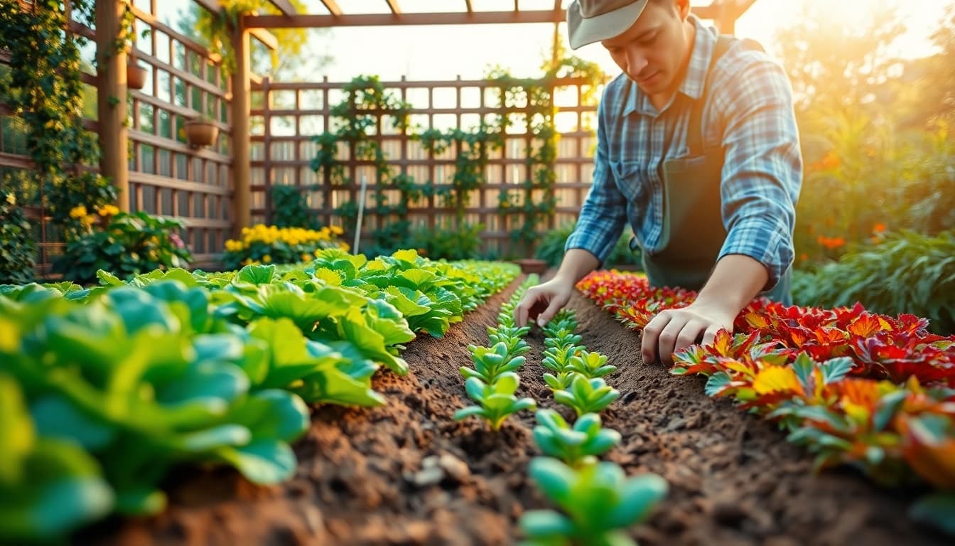 Gardening enthusiast cultivating a colorful vegetable garden under bright sunlight.