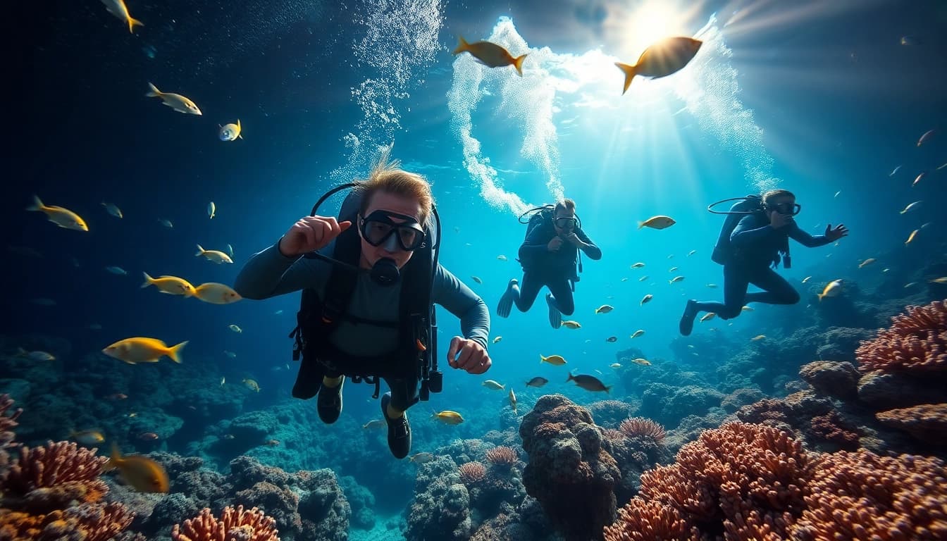 Divers at https://marvinscubaexpeditions.com exploring vibrant coral reefs teeming with marine life.