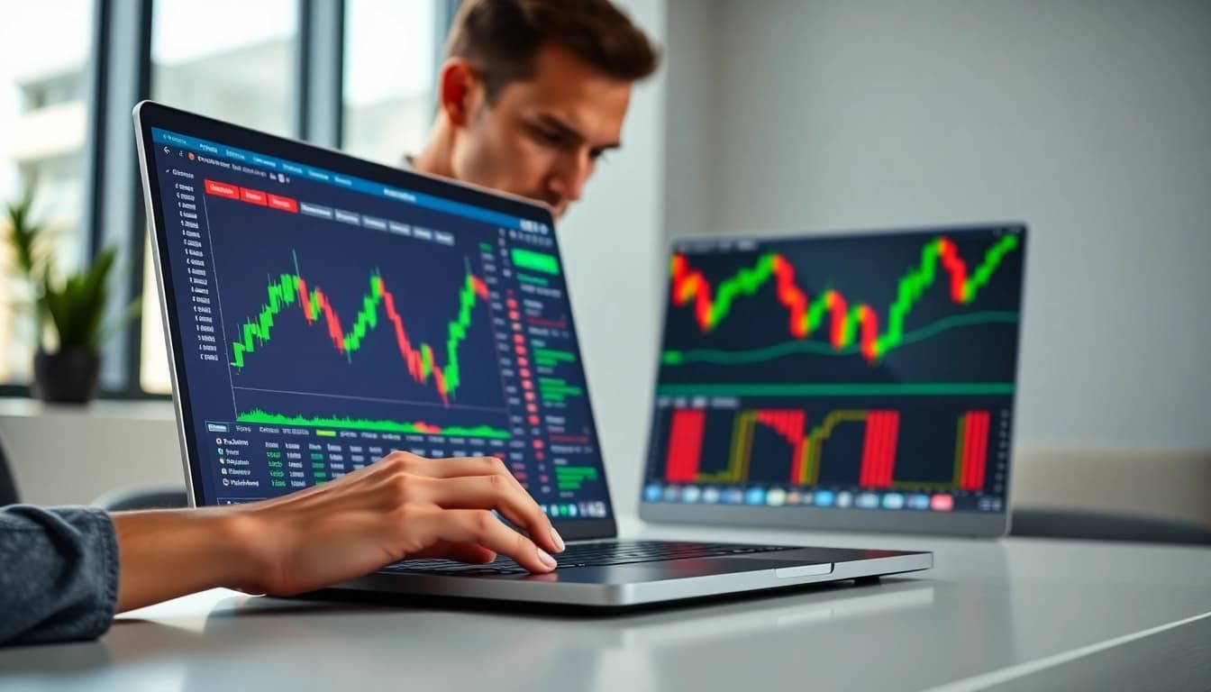 Engaged trader using hotforex mt4 on a laptop to analyze forex market data.