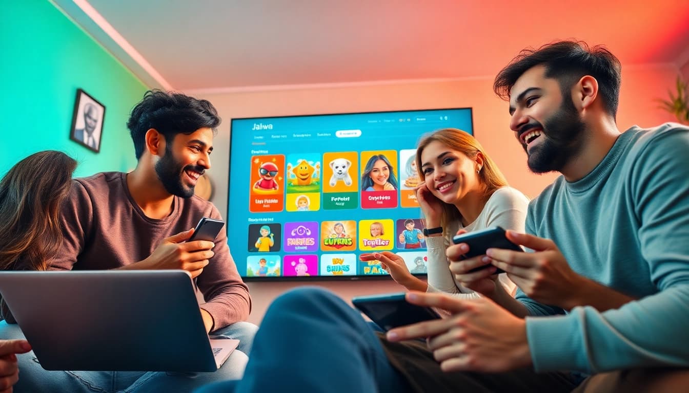 Engaging scene of diverse players enjoying jalwa games on various devices, showcasing colorful browser graphics.