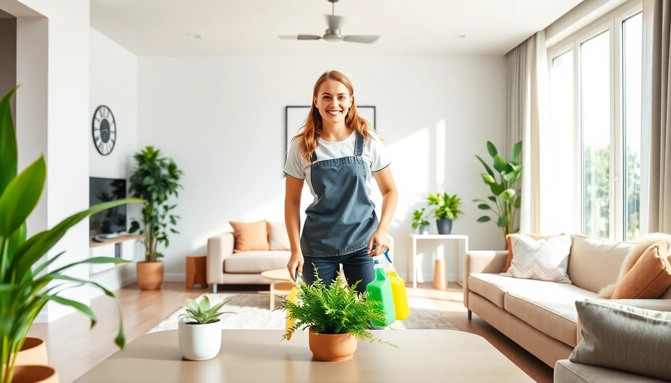 Professional cleaning service demonstrating eco-friendly practices in a bright and organized living space.