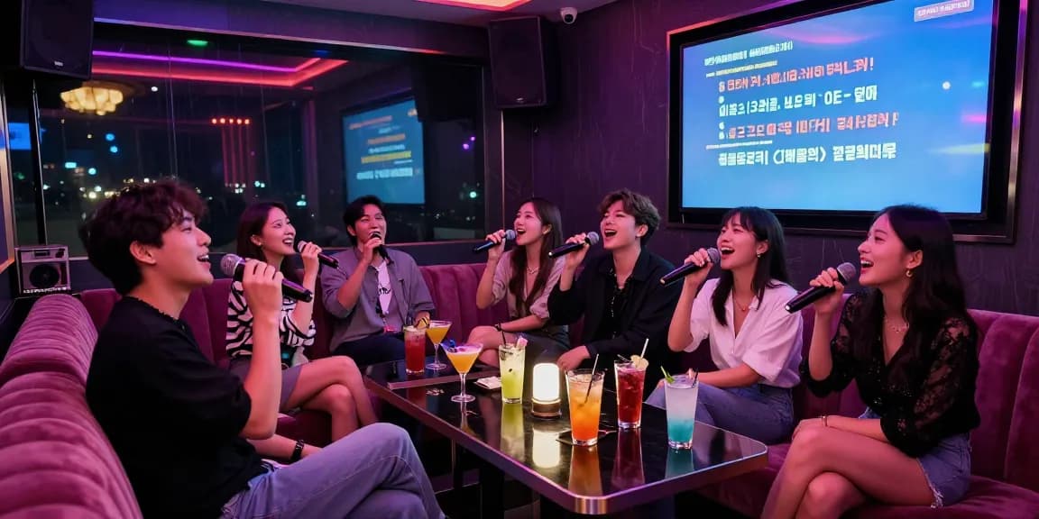 gangnamtune.com/ 강남가라오케에서 즐거운 노래와 음료를 즐기는 사람들 모습