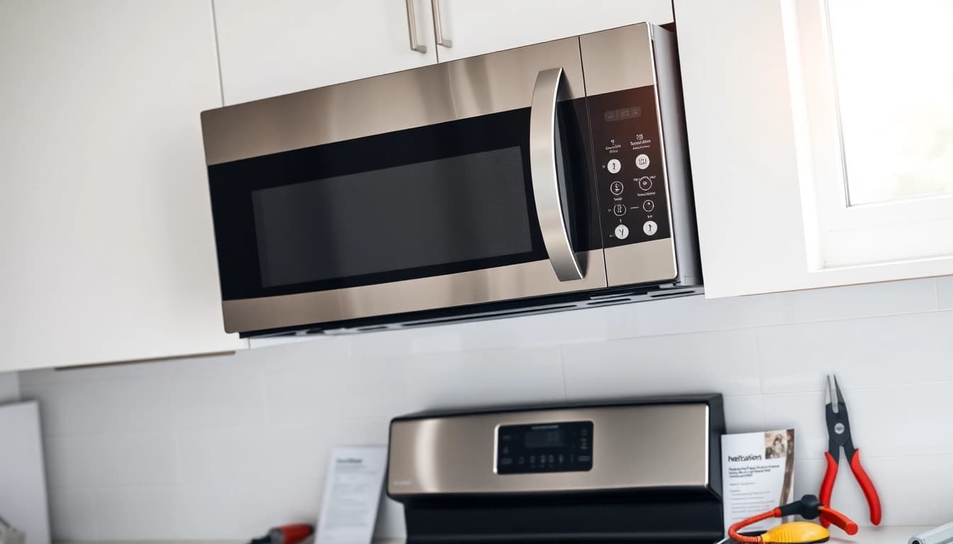 Safe microwave installation in a contemporary kitchen highlighting tools and techniques.