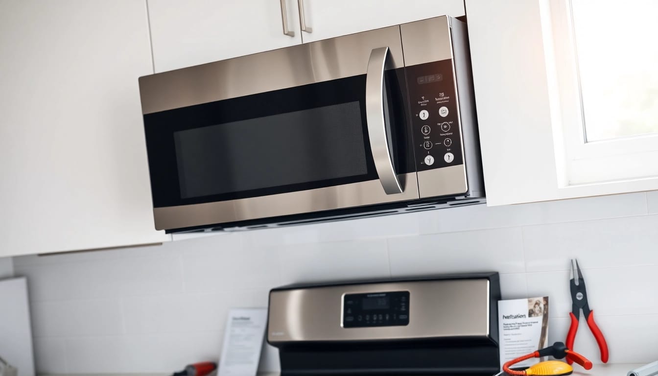 Safe microwave installation in a contemporary kitchen highlighting tools and techniques.