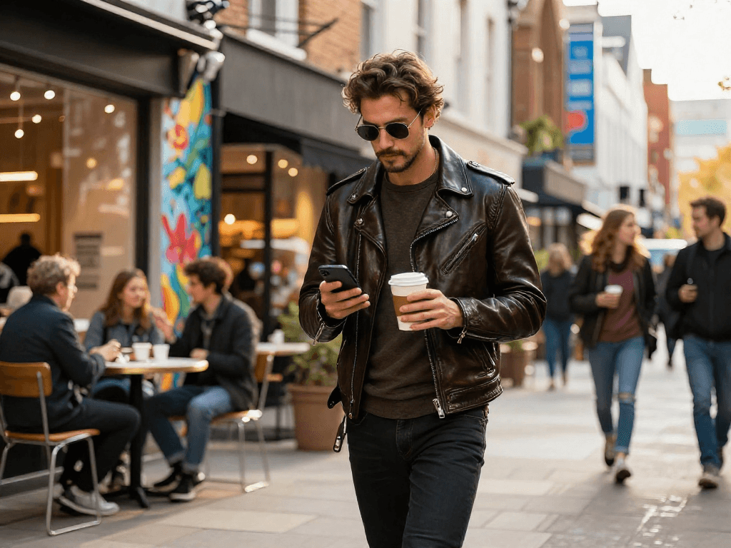 Stylish individual in men's leather jackets walking confidently in an urban setting