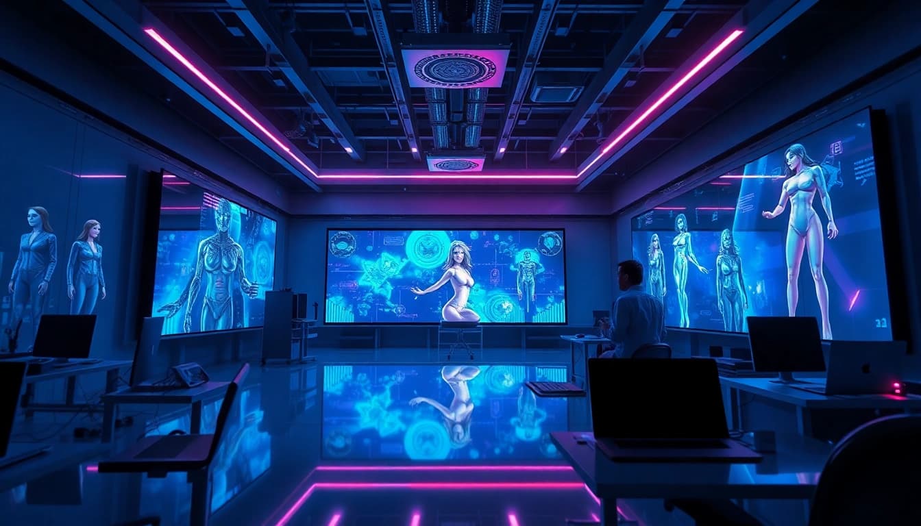 Futuristic AI lab showcasing innovative nsfw ai technology and holographic art displays.