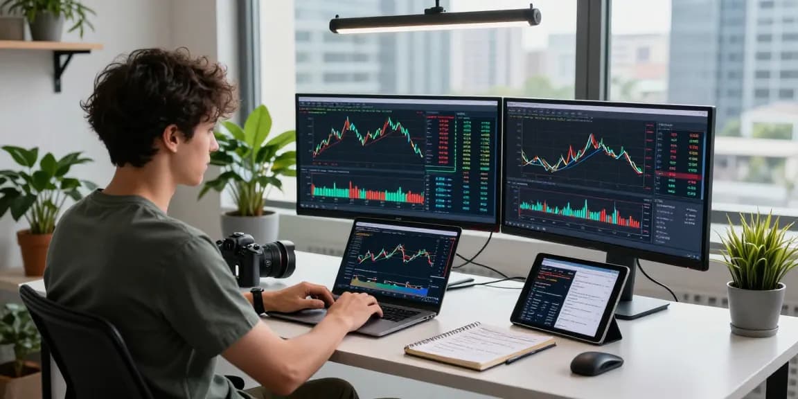 Dynamic crypto price tracker workspace with professional analyzing data on multiple screens and notes.