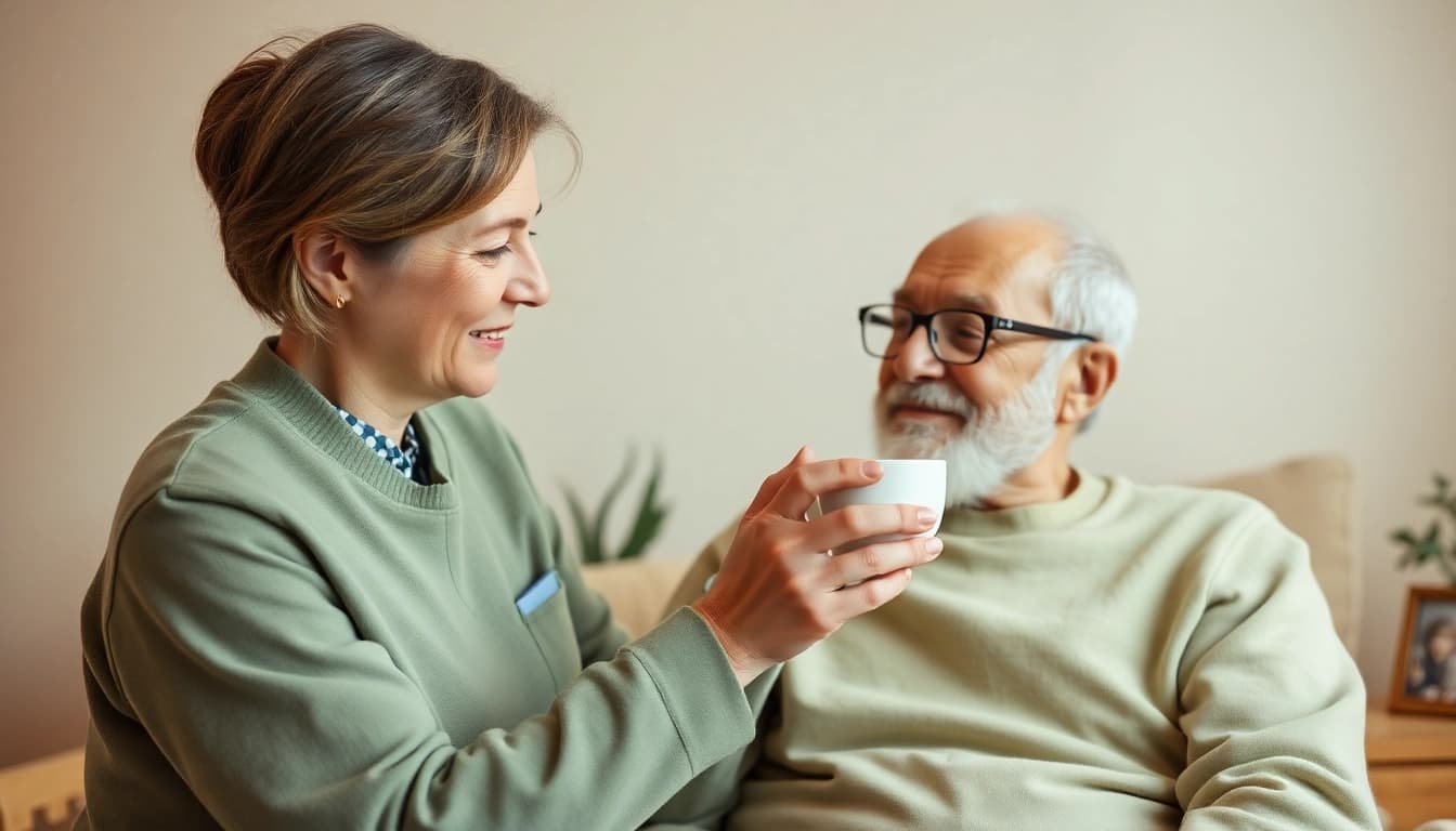 Caring professional providing home healthcare services in a cozy living room to an elderly man.