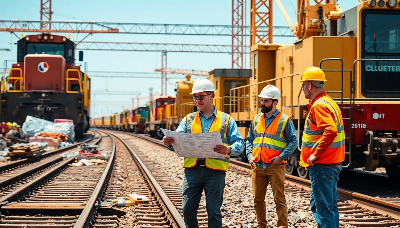 Railroad Contractors USA collaborating on a construction site, emphasizing teamwork and machinery.
